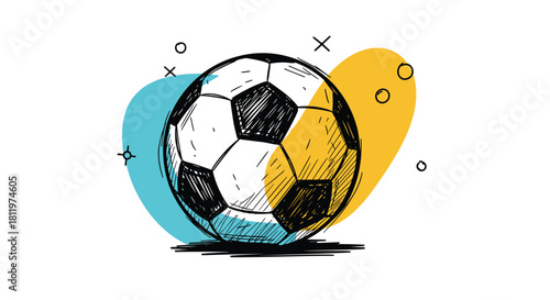 Dynamic hand-drawn sketch style soccer ball illustration with abstract colorful shapes creating a modern and energetic design.