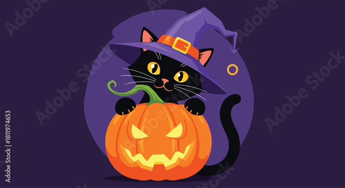 Cute black cat character wearing a purple witch hat hiding behind a carved jack-o-lantern pumpkin for a Halloween design.