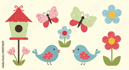 Lovely set of cute spring themed elements with a patchwork texture including birds butterflies flowers and a birdhouse.