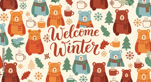 Flat vector wallpaper featuring adorable winter bears wearing scarves with tiny snowflakes. Ideal for children’s décor, apparel prints, packaging, and cozy winter themes