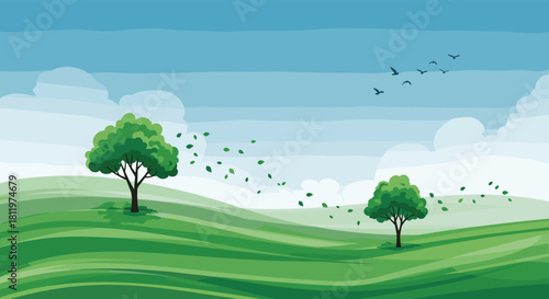 Serene landscape of rolling green hills with trees and birds flying in a cloudy blue sky.