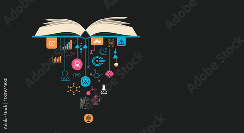 Open book with science and technology icons flowing out against a dark background.