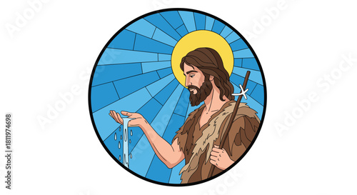 Beautiful stained glass style circular illustration of John the Baptist with a halo performing a baptism in the water.