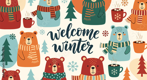 Flat vector wallpaper featuring adorable winter bears wearing scarves with tiny snowflakes. Ideal for children’s décor, apparel prints, packaging, and cozy winter themes