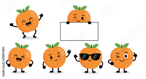 Set of cute cartoon apricot or peach fruit characters with various fun poses and expressions including wearing sunglasses.