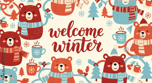 Flat vector wallpaper featuring adorable winter bears wearing scarves with tiny snowflakes. Ideal for children’s décor, apparel prints, packaging, and cozy winter themes