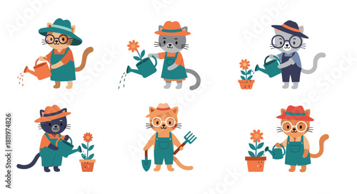 Collection of six adorable cartoon cats dressed as gardeners with hats and tools watering flowers from a watering can.