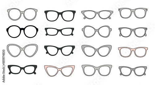 Large collection of various doodle style eyeglasses and sunglasses frames in different shapes for fashion and vision concepts.