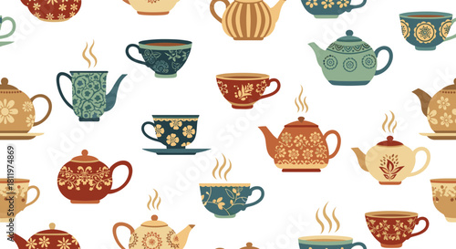 Seamless pattern of various vintage tea cups and teapots with ornate floral designs.