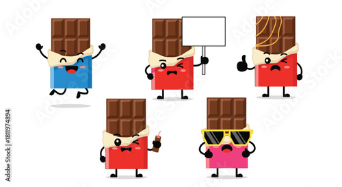 Cute set of five cartoon chocolate bar mascots with different funny expressions and poses perfect for candy or dessert branding.