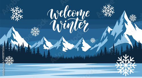 Flat vector winter wallpaper of icy mountains and frozen lake under falling snow. Ideal for travel themes, scenic wallpapers, seasonal branding, and winter illustration sets