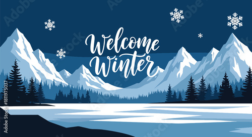 Flat vector winter wallpaper of icy mountains and frozen lake under falling snow. Ideal for travel themes, scenic wallpapers, seasonal branding, and winter illustration sets