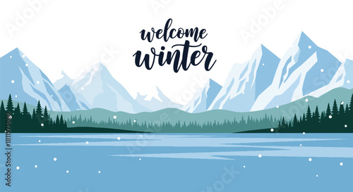 Flat vector winter wallpaper of icy mountains and frozen lake under falling snow. Ideal for travel themes, scenic wallpapers, seasonal branding, and winter illustration sets