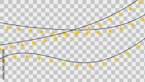 String of yellow light bulb garland on transparent background