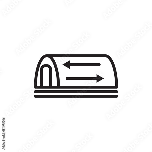 Quonset hut or tunnel tent icon with exchange arrows, flat line style. Represents temporary shelter, logistics, air flow, movement, and rapid deployment.
