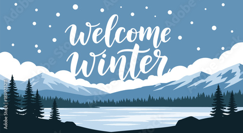 Flat vector winter wallpaper of icy mountains and frozen lake under falling snow. Ideal for travel themes, scenic wallpapers, seasonal branding, and winter illustration sets