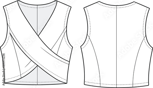 Stylish wrapped cropped top technical flat with cross-front design, sleeveless silhouette, detailed seams and clean back CAD illustration
