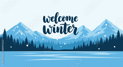 Flat vector winter wallpaper of icy mountains and frozen lake under falling snow. Ideal for travel themes, scenic wallpapers, seasonal branding, and winter illustration sets