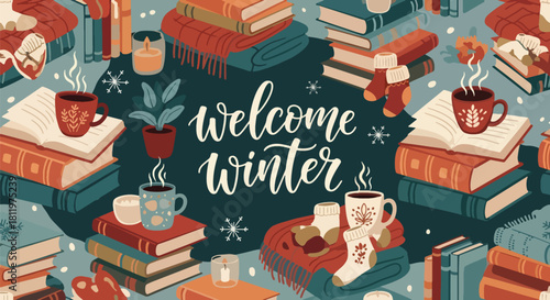 Flat vector wallpaper with socks, blankets, books, and warm drinks in repeating cozy pattern. Ideal for lifestyle branding, packaging, winter décor, and homey seasonal designs