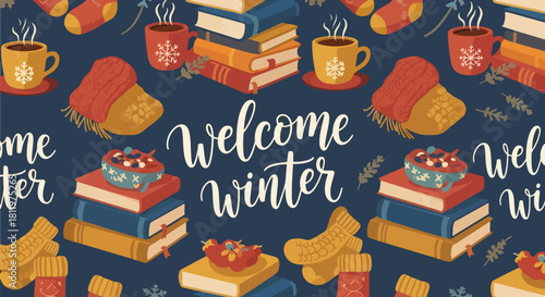 Flat vector wallpaper with socks, blankets, books, and warm drinks in repeating cozy pattern. Ideal for lifestyle branding, packaging, winter décor, and homey seasonal designs