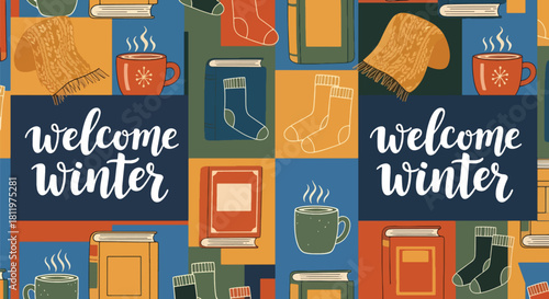 Flat vector wallpaper with socks, blankets, books, and warm drinks in repeating cozy pattern. Ideal for lifestyle branding, packaging, winter décor, and homey seasonal designs