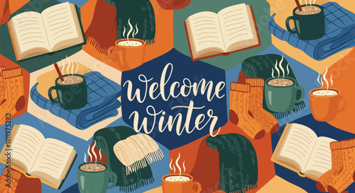 Flat vector wallpaper with socks, blankets, books, and warm drinks in repeating cozy pattern. Ideal for lifestyle branding, packaging, winter décor, and homey seasonal designs