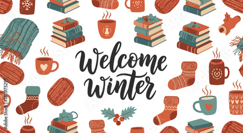 Flat vector wallpaper with socks, blankets, books, and warm drinks in repeating cozy pattern. Ideal for lifestyle branding, packaging, winter décor, and homey seasonal designs