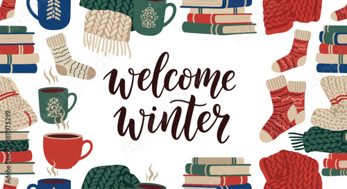 Flat vector wallpaper with socks, blankets, books, and warm drinks in repeating cozy pattern. Ideal for lifestyle branding, packaging, winter décor, and homey seasonal designs