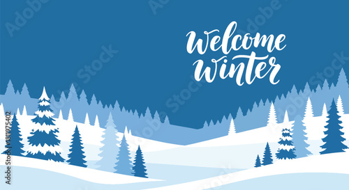 Flat vector wallpaper with snowy hills, trees, and falling snow arranged in border layout. Ideal for greeting cards, seasonal web backgrounds, and holiday decorative themes