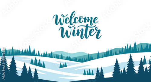 Flat vector wallpaper with snowy hills, trees, and falling snow arranged in border layout. Ideal for greeting cards, seasonal web backgrounds, and holiday decorative themes