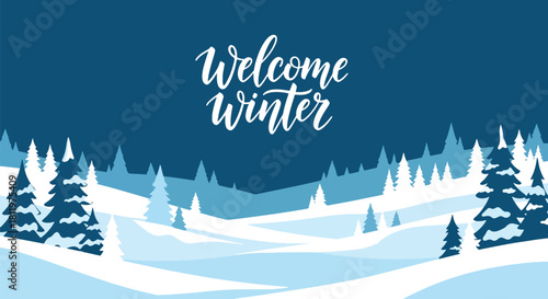 Flat vector wallpaper with snowy hills, trees, and falling snow arranged in border layout. Ideal for greeting cards, seasonal web backgrounds, and holiday decorative themes