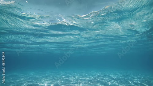 Underwater view showcasing the surface of the water and the sandy seabed.