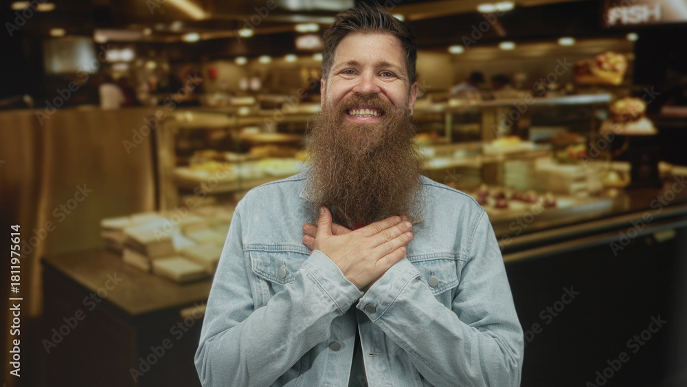 Fototapeta premium Young man with beard smiling broadly places hand on chest in busy indoor restaurant; gratitude sincerity.