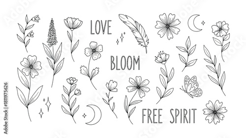 Botanical Delight: An intricate collection of hand-drawn floral and whimsical elements, designed to celebrate beauty, love and free spirit.
