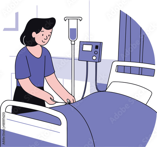 Nurse or medical staff adjusting the intravenous fluid drip line next to a hospital bed.