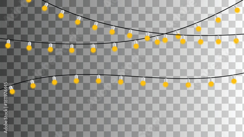 Three string of yellow light bulb garland on transparent