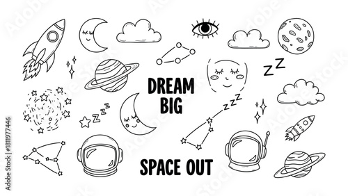 Dream Big, Space Out: A whimsical illustration with a rocket ship, planets, constellation, astronaut helmet, and moons invites the viewer to imagine and reach for the cosmos.