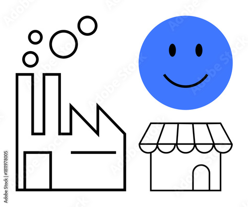 Industry theme. Factory, retail store, and a blue happy face industrial production, retail commerce, and customer satisfaction. For manufacturing, business growth, retail solutions consumer