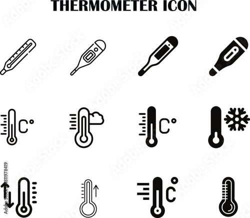 Thermometer vector icon showing temperature measurement in a simple, modern line style