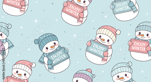 Cute kawaii snowmen holding “Enjoy Winter” signs in snowy seamless wallpaper. Ideal for kids’ products, winter stationery, festive packaging, and playful seasonal backgrounds