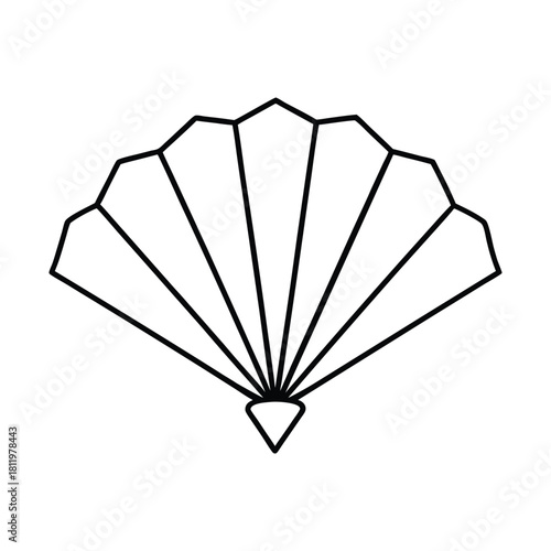 Black and white line art icon of a folding hand fan or brush created for minimalist design Vector illustration