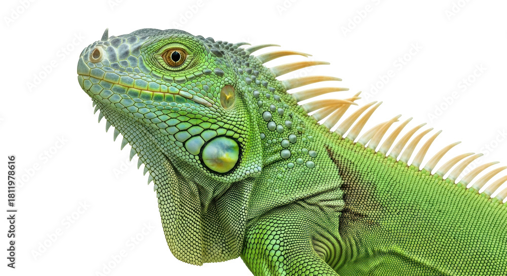 Fototapeta premium Isolated Reptile Close-up Showing Spiked Iguana Skin, Eye, and Scales for Educational Use
