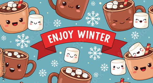 Smiling kawaii cocoa mugs with marshmallows and tiny “Enjoy Winter” ribbons in seamless layout. Ideal for packaging, cute holiday décor, kids’ patterns, and cozy winter themes