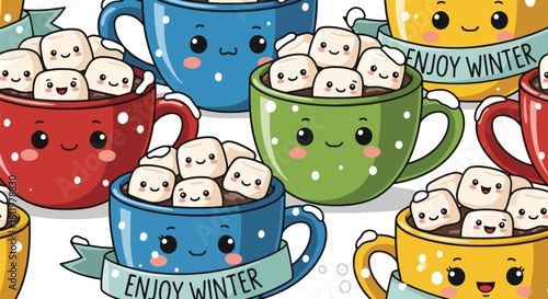 Smiling kawaii cocoa mugs with marshmallows and tiny “Enjoy Winter” ribbons in seamless layout. Ideal for packaging, cute holiday décor, kids’ patterns, and cozy winter themes