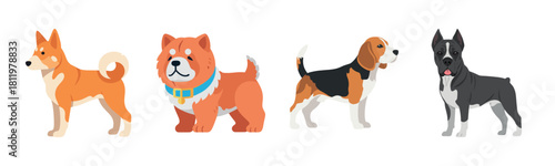 Illustrated dog variety: shiba inu, chow chow, beagle, great dane