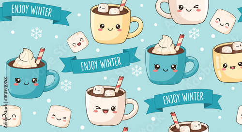 Smiling kawaii cocoa mugs with marshmallows and tiny “Enjoy Winter” ribbons in seamless layout. Ideal for packaging, cute holiday décor, kids’ patterns, and cozy winter themes