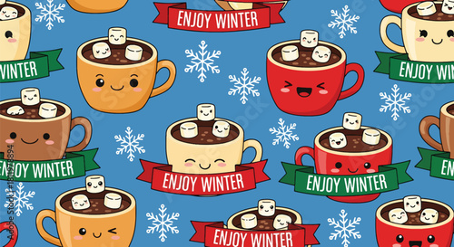 Smiling kawaii cocoa mugs with marshmallows and tiny “Enjoy Winter” ribbons in seamless layout. Ideal for packaging, cute holiday décor, kids’ patterns, and cozy winter themes