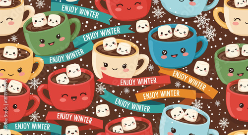 Smiling kawaii cocoa mugs with marshmallows and tiny “Enjoy Winter” ribbons in seamless layout. Ideal for packaging, cute holiday décor, kids’ patterns, and cozy winter themes