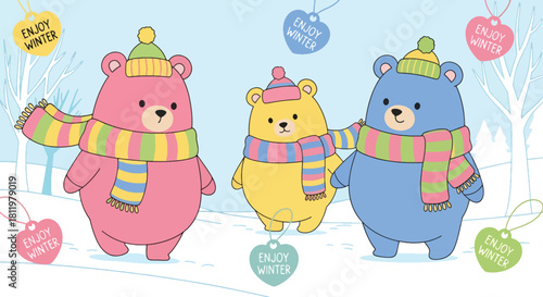 Kawaii bears in scarves and beanies with “Enjoy Winter” accents in snowy seamless design. Ideal for kids’ apparel, winter packaging, cute branding, and seasonal illustrations