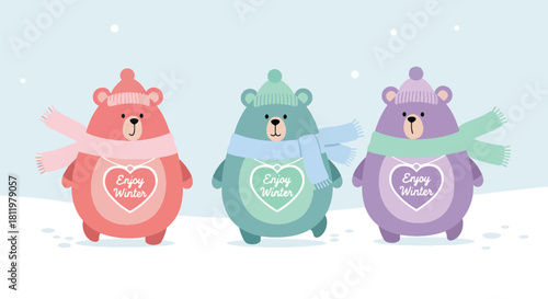 Kawaii bears in scarves and beanies with “Enjoy Winter” accents in snowy seamless design. Ideal for kids’ apparel, winter packaging, cute branding, and seasonal illustrations